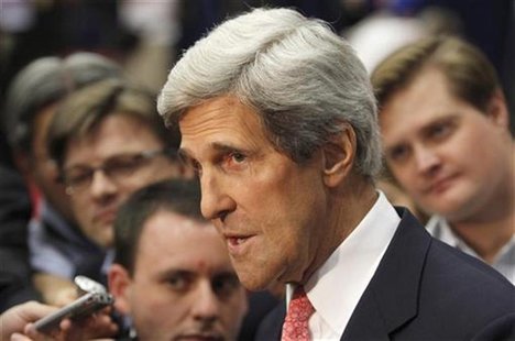 U.S. Senator John Kerry speaks to the media before Republican presidential nominee Mitt Romney and President Barack Obama meet in the final U.S. Senator John Kerry speaks to the media before Republican presidential nominee Mitt Romney and President Barack Obama meet in the final