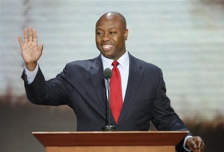 U.S. Rep. Tim Scott (R-SC) addresses crowd the during the second session of the Republican National Convention in Tampa, Florida, August 28, U.S. Rep. Tim Scott (R-SC) addresses crowd the during the second session of the Republican National Convention in Tampa, Florida, August 28,