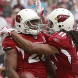 Arizona Cardinals running back Beanie Wells (L) celebrates with teammate Larry Fitzgerald after scoring a touchdown during a NFL game in Glendale, Arizona. REUTERS/Rick Scuteri 