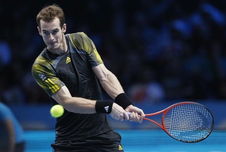 Britain's Andy Murray hits a return to Switzerland's Roger Federer during their men's singles semi-final tennis match at the ATP World Tour Britain's Andy Murray hits a return to Switzerland's Roger Federer during their men's singles semi-final tennis match at the ATP World Tour