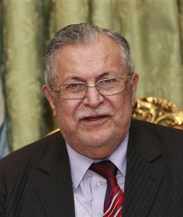 Iraq's President Jalal Talabani speaks to the media during a news conference in Baghdad in this November 23, 2010 file photo. REUTERS/Thaier Iraq's President Jalal Talabani speaks to the media during a news conference in Baghdad in this November 23, 2010 file photo. REUTERS/Thaier