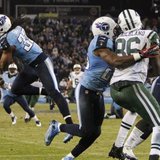 In action that was heard on 1450 WHTC, Tennessee Titans' safety Michael Griffin (33) intercepts a pass in the end zone intended for New York Jets' tight end Jeff Cumberland (86) in the second half of their NFL Monday Night football game in Nashville, Tennessee December 17, 2012. REUTERS/Harrison McClary