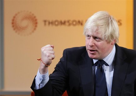 London's Mayor Boris Johnson speaks during a Thomson Reuters Newsmaker event at Canary Wharf, east London December 4, 2012. REUTERS/Andrew W London's Mayor Boris Johnson speaks during a Thomson Reuters Newsmaker event at Canary Wharf, east London December 4, 2012. REUTERS/Andrew W
