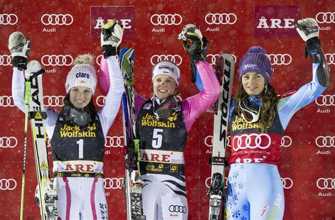 Winner Germany's Viktoria Rebensburg, Austria's Anna Fenninger (L), who placed second, and Slovenia's Tina Maze (R), who placed third, pose Winner Germany's Viktoria Rebensburg, Austria's Anna Fenninger (L), who placed second, and Slovenia's Tina Maze (R), who placed third, pose