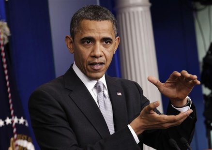 U.S. President Barack Obama gestures as he speaks to the media about the "fiscal cliff" in the White House Briefing Room in Washington Decem U.S. President Barack Obama gestures as he speaks to the media about the "fiscal cliff" in the White House Briefing Room in Washington Decem