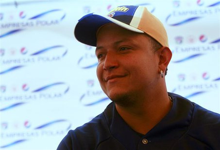 Venezuelan baseball player Miguel Cabrera of the Major League Baseball's Detroit Tigers attends an event to donate sports equipment to young Venezuelan baseball player Miguel Cabrera of the Major League Baseball's Detroit Tigers attends an event to donate sports equipment to young