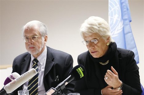 Chairman of the United Nations Commission of Inquiry on Syria Paulo Pinheiro and member Carla del Ponte (R) address a joint news conference Chairman of the United Nations Commission of Inquiry on Syria Paulo Pinheiro and member Carla del Ponte (R) address a joint news conference