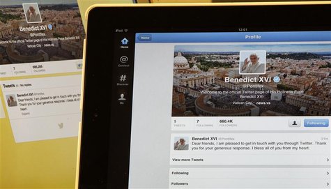 Pope Benedict XVI's twitter account is pictured with his first tweet on an iPad tablet in this photo illustration taken in Milan December 12 Pope Benedict XVI's twitter account is pictured with his first tweet on an iPad tablet in this photo illustration taken in Milan December 12