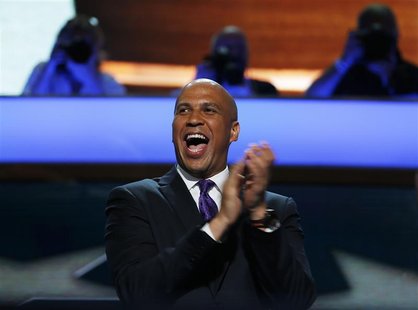 Mayor of Newark, New Jersey, Cory A. Booker reacts during the first day of the Democratic National Convention in Charlotte, North Carolina S Mayor of Newark, New Jersey, Cory A. Booker reacts during the first day of the Democratic National Convention in Charlotte, North Carolina S