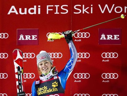 Mikaela Shiffrin of the U.S. celebrates on the podium after winning the FIS Alpine Ski World Cup women's slalom in Are, December 20, 2012. R Mikaela Shiffrin of the U.S. celebrates on the podium after winning the FIS Alpine Ski World Cup women's slalom in Are, December 20, 2012. R