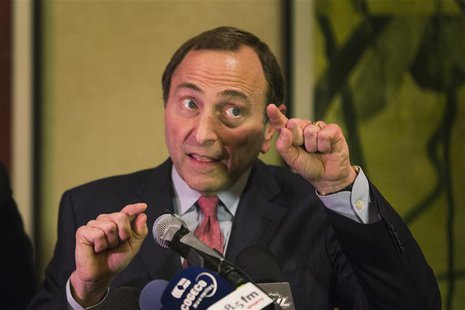 National Hockey League (NHL) Commissioner Gary Bettman gestures as he describes negotiations between the NHL and the NHL Players Association National Hockey League (NHL) Commissioner Gary Bettman gestures as he describes negotiations between the NHL and the NHL Players Association