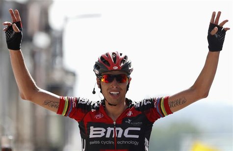 BMC Racing Team rider Alessandro Ballan of Italy celebrates winning the last stage of the Eneco Tour cycling race in Geraardsbergen August 1 BMC Racing Team rider Alessandro Ballan of Italy celebrates winning the last stage of the Eneco Tour cycling race in Geraardsbergen August 1