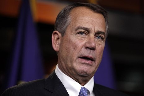 U.S. House Speaker John Boehner (R-OH) speaks to the media on a "fiscal cliff" on Capitol Hill in Washington, December 20, 2012. REUTERS/Yur U.S. House Speaker John Boehner (R-OH) speaks to the media on a "fiscal cliff" on Capitol Hill in Washington, December 20, 2012. REUTERS/Yur