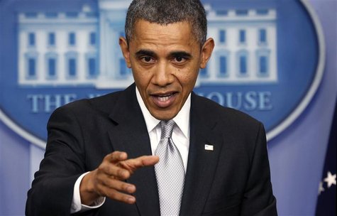 U.S. President Barack Obama speaks about the fiscal cliff to members of the media in the White House Briefing Room December 19, 2012. REUTER U.S. President Barack Obama speaks about the fiscal cliff to members of the media in the White House Briefing Room December 19, 2012. REUTER