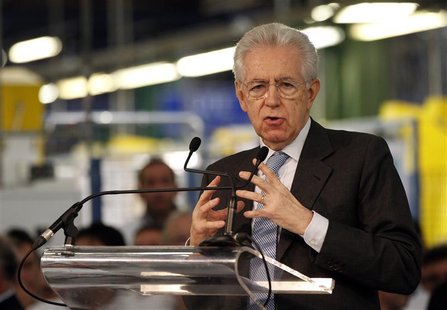 Italy's Prime Minister Mario Monti (C) gestures as he makes his speech during a visit to the Fiat car factory in the southern city of Melfi Italy's Prime Minister Mario Monti (C) gestures as he makes his speech during a visit to the Fiat car factory in the southern city of Melfi