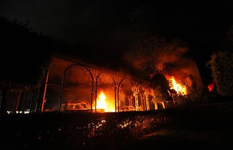 The U.S. Consulate in Benghazi is seen in flames during a protest by an armed group said to have been protesting a film being produced in th The U.S. Consulate in Benghazi is seen in flames during a protest by an armed group said to have been protesting a film being produced in th