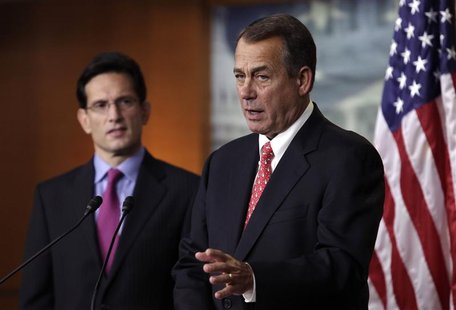 U.S. House Speaker John Boehner (R-OH) (R) and House Majority Leader Eric Cantor (R-VA) speak to the media on the "fiscal cliff" on Capitol U.S. House Speaker John Boehner (R-OH) (R) and House Majority Leader Eric Cantor (R-VA) speak to the media on the "fiscal cliff" on Capitol