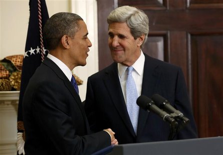 U.S. President Barack Obama (L) and Senator John Kerry (D-MA) shake hands after the president announced Kerry's nomination as Secretary of S U.S. President Barack Obama (L) and Senator John Kerry (D-MA) shake hands after the president announced Kerry's nomination as Secretary of S