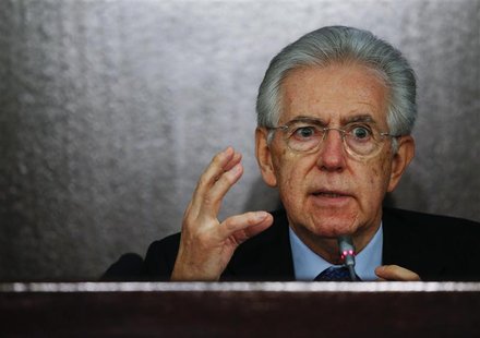 Italian caretaker Prime Minister Mario Monti gestures during an end of the year news conference in Rome December 23, 2012. Monti said on Sun Italian caretaker Prime Minister Mario Monti gestures during an end of the year news conference in Rome December 23, 2012. Monti said on Sun
