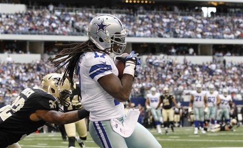 Dallas Cowboys wide receiver Dwayne Harris (R) makes a touchdown catch in front of New Orleans Saints corner back Johnny Patrick in the seco Dallas Cowboys wide receiver Dwayne Harris (R) makes a touchdown catch in front of New Orleans Saints corner back Johnny Patrick in the seco