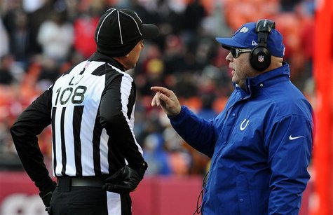 Indianapolis Colts head coach Chuck Pagano (R) speaks with line judge Gary Arthur during the second half of the Colts' win against the Kansa Indianapolis Colts head coach Chuck Pagano (R) speaks with line judge Gary Arthur during the second half of the Colts' win against the Kansa
