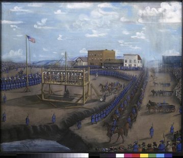 A painting titled "Execution of Dakota Indians, Mankato, Minnesota" is pictured in this handout photo from the Minnesota Historical Society. A painting titled "Execution of Dakota Indians, Mankato, Minnesota" is pictured in this handout photo from the Minnesota Historical Society.