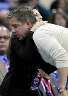 New Orleans Saints head coach Sean Payton is hugged by Vice Chairman of the Board of the New Orleans Saints Rita Benson LeBlance during the New Orleans Saints head coach Sean Payton is hugged by Vice Chairman of the Board of the New Orleans Saints Rita Benson LeBlance during the