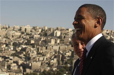 US Democratic presidential candidate Senator Barack Obama (D-IL) (R) shares a laugh with Senator Chuck Hagel (R-NE) at the Amman Citadel in US Democratic presidential candidate Senator Barack Obama (D-IL) (R) shares a laugh with Senator Chuck Hagel (R-NE) at the Amman Citadel in