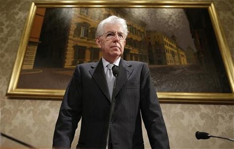 Italy's outgoing Prime Minister Mario Monti looks on during a news conference in Rome December 28, 2012. Monti said on Friday that he would Italy's outgoing Prime Minister Mario Monti looks on during a news conference in Rome December 28, 2012. Monti said on Friday that he would