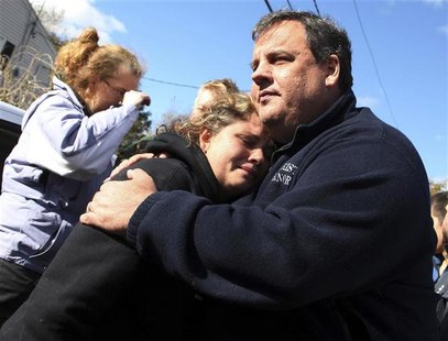 New Jersey Governor Chris Christie comforts Kerri Berean whose home was damaged by Hurricane Sandy in Little Ferry, New Jersey, November 3, New Jersey Governor Chris Christie comforts Kerri Berean whose home was damaged by Hurricane Sandy in Little Ferry, New Jersey, November 3,