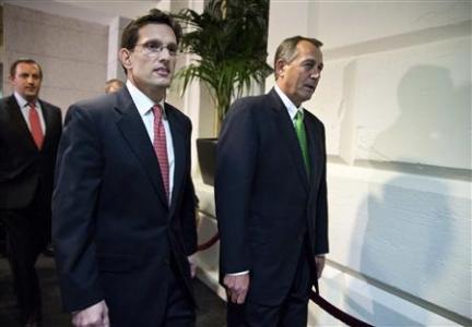 Speaker of the House John Boehner (R-OH) walks with House Majority Leader Rep. Eric Cantor (R-VA) to a meeting with House Republicans on the "fiscal cliff" budget deal on Capitol Hill in Washington on January 1, 2013. Washington's last-minute scramble to step back from a "fiscal cliff" ran into trouble on Tuesday as Republicans in the House of Representatives balked at a deal to avert a budget crisis. REUTERS/Joshua Roberts Speaker of the House John Boehner (R-OH) walks with House Majority Leader Rep. Eric Cantor (R-VA) to a meeting with House Republicans on the "fiscal cliff" budget deal on Capitol Hill in Washington on January 1, 2013. Washington's last-minute scramble to step back from a "fiscal cliff" ran into trouble on Tuesday as Republicans in the House of Representatives balked at a deal to avert a budget crisis. REUTERS/Joshua Roberts