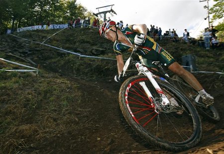 Burry Stander of South Africa cycles during the men's cross country at the UCI Mountain Bike World Championships in Mount Ste-Anne, Beaupre, Burry Stander of South Africa cycles during the men's cross country at the UCI Mountain Bike World Championships in Mount Ste-Anne, Beaupre,