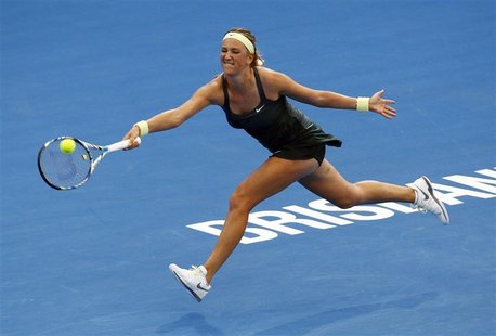 Victoria Azarenka of Belarus hits a return to Ksenia Pervak of Kazakhstan during their women's singles match at the Brisbane International t Victoria Azarenka of Belarus hits a return to Ksenia Pervak of Kazakhstan during their women's singles match at the Brisbane International t