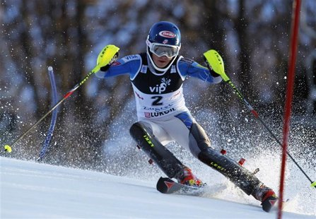 Mikaela Shiffrin of the U.S. clears a gate during the first run of the Alpine Skiing World Cup women's slalom ski race in Zagreb January 4, Mikaela Shiffrin of the U.S. clears a gate during the first run of the Alpine Skiing World Cup women's slalom ski race in Zagreb January 4,