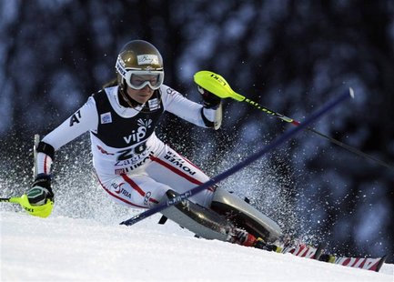 Bernadette Schild of Austria clears a gate during the first run of the Alpine Skiing World Cup women's slalom ski race in Zagreb January 4, Bernadette Schild of Austria clears a gate during the first run of the Alpine Skiing World Cup women's slalom ski race in Zagreb January 4,