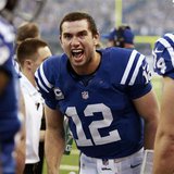 Indianapolis Colts quarterback Andrew Luck (12) yells to his teammates on the sidelines prior to the kickoff of an NFL football game against Indianapolis Colts quarterback Andrew Luck (12) yells to his teammates on the sidelines prior to the kickoff of an NFL football game against