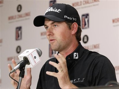 PGA golfer Webb Simpson gestures as he answers a question about using a long putter during a media conference at the World Challenge golf to PGA golfer Webb Simpson gestures as he answers a question about using a long putter during a media conference at the World Challenge golf to