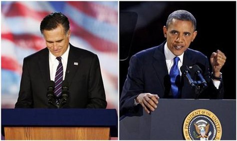 A combination photographs shows U.S. President Barack Obama addresses his election night victory rally in Chicago, and Republican presidenti A combination photographs shows U.S. President Barack Obama addresses his election night victory rally in Chicago, and Republican presidenti
