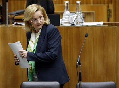 Austrian Finance Minister Maria Fekter arrives to present the 2013 budget in the parliament in Vienna October 16, 2012. REUTERS/Leonhard Foe Austrian Finance Minister Maria Fekter arrives to present the 2013 budget in the parliament in Vienna October 16, 2012. REUTERS/Leonhard Foe