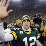 Green Bay Packers quarterback Aaron Rodgers (12) waves to fans after defeating the Minnesota Vikings in their NFL NFC wildcard playoff footb Green Bay Packers quarterback Aaron Rodgers (12) waves to fans after defeating the Minnesota Vikings in their NFL NFC wildcard playoff footb