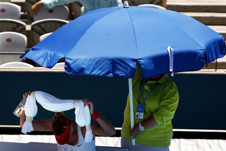 Czech Republic's Petra Kvitova takes off an ice-pack from around her neck during her first round match against Slovakia's Dominika Cibulkova Czech Republic's Petra Kvitova takes off an ice-pack from around her neck during her first round match against Slovakia's Dominika Cibulkova