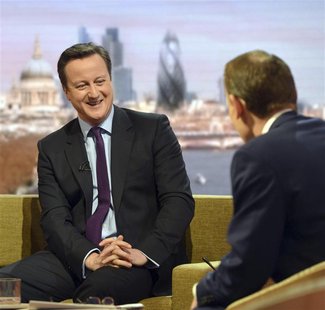 Britain's Prime Minister David Cameron (L) speaks on the BBC's Andrew Marr Show in London January 6, 2013. REUTERS/Jeff Overs/BBC/Handout Britain's Prime Minister David Cameron (L) speaks on the BBC's Andrew Marr Show in London January 6, 2013. REUTERS/Jeff Overs/BBC/Handout