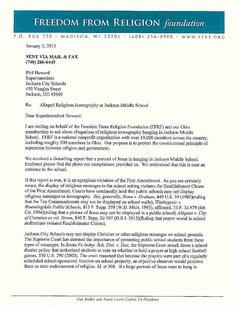 Freedom From Religion letter, page 1 Freedom From Religion letter, page 1