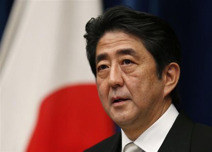 Japan's new Prime Minister Shinzo Abe attends a news conference at his official residence in Tokyo December 26, 2012. REUTERS/Toru Hanai Japan's new Prime Minister Shinzo Abe attends a news conference at his official residence in Tokyo December 26, 2012. REUTERS/Toru Hanai