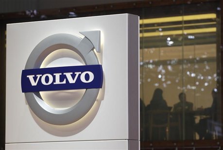 A logo is pictured on the Volvo booth during the second media day of the 82nd Geneva Auto Show at the Palexpo Arena in Geneva March 7, 2012. A logo is pictured on the Volvo booth during the second media day of the 82nd Geneva Auto Show at the Palexpo Arena in Geneva March 7, 2012.