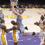 Denver Nuggets' Danilo Gallinari (C) of Italy shoots over Los Angeles Lakers', (L-R) Jordan Hill, Jodie Meeks, Dwight Howard and Steve Nash Denver Nuggets' Danilo Gallinari (C) of Italy shoots over Los Angeles Lakers', (L-R) Jordan Hill, Jodie Meeks, Dwight Howard and Steve Nash