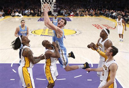 Denver Nuggets' Danilo Gallinari (C) of Italy shoots over Los Angeles Lakers', (L-R) Jordan Hill, Jodie Meeks, Dwight Howard and Steve Nash Denver Nuggets' Danilo Gallinari (C) of Italy shoots over Los Angeles Lakers', (L-R) Jordan Hill, Jodie Meeks, Dwight Howard and Steve Nash