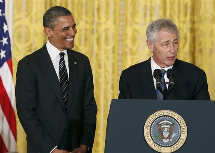 U.S. President Barack Obama smiles at his nominee for Secretary of Defense, former Republican Senator Chuck Hagel (R), at the White House in U.S. President Barack Obama smiles at his nominee for Secretary of Defense, former Republican Senator Chuck Hagel (R), at the White House in