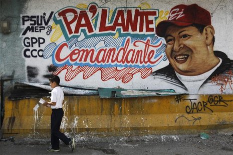 A child walks past a mural depicting Venezuela's President Hugo Chavez in Caracas January 8, 2013. REUTERS/Carlos Garcia Rawlins A child walks past a mural depicting Venezuela's President Hugo Chavez in Caracas January 8, 2013. REUTERS/Carlos Garcia Rawlins