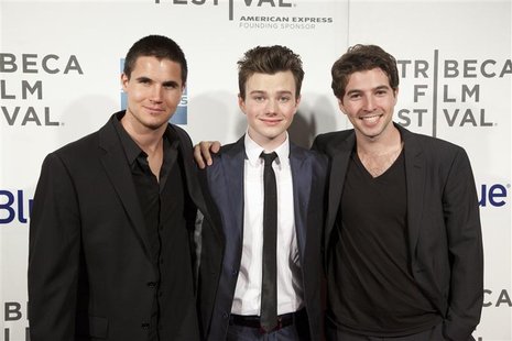 Actors Robbie Amell (L), Chris Colfer (C) and Roberto Aguire arrive for the world premiere of "Struck by Lightning" as part of the Tribeca F Actors Robbie Amell (L), Chris Colfer (C) and Roberto Aguire arrive for the world premiere of "Struck by Lightning" as part of the Tribeca F